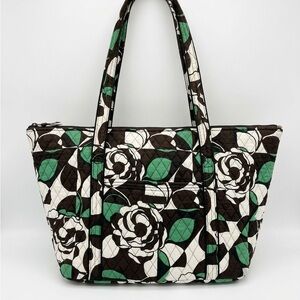 Vera Bradley Miller Bag Quilted Floral Tote Bag in Brown, Green & White